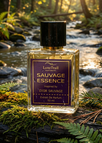 Perfume bottle labeled 'Sauvage Essence' by LuxeTrail on a log with a forest background