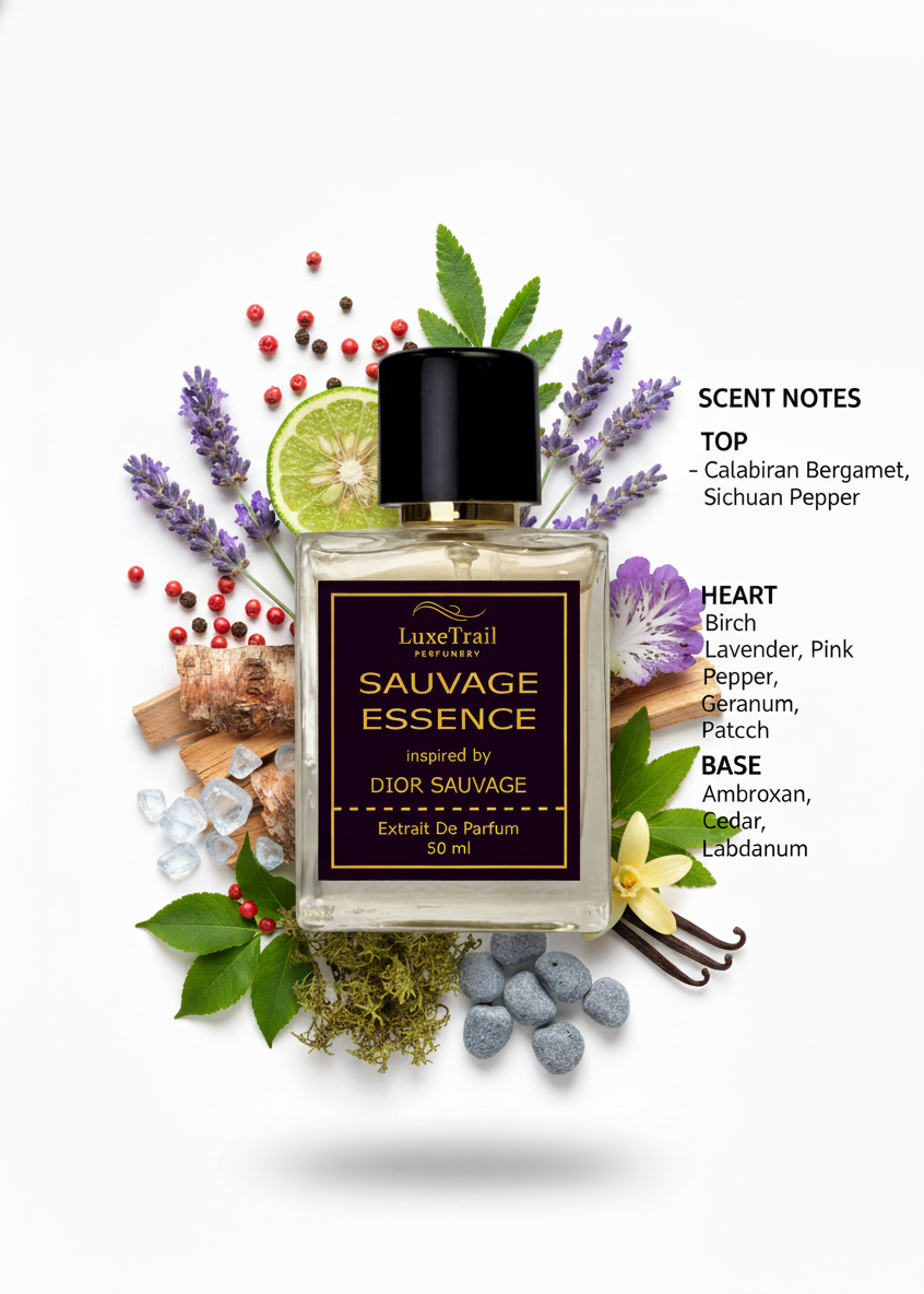 Perfume bottle labeled 'Sauvage Essence' surrounded by natural elements on a white background